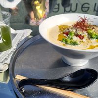 Fancy Ramen with cold brew Green Tea at Vegan Ramen UZU Tokyo in Tokyo