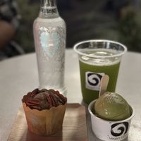 Yuzu matcha ice cream, pecan nuts and banana muffin, cold brew green tea & carbonated water  at Vegan Ramen UZU Tokyo in Tokyo