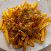 Fries, heura cooked in white wine, veg cheese and onions at Vida Cafe in Barcelona