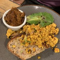 Tofu scramble on sourdough bread with vegan chorizo  at Caravelle in Barcelona
