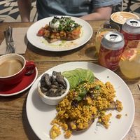 Tofu scramble, miso mushrooms, avo on sourdough   at Caravelle in Barcelona