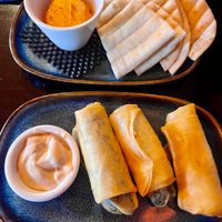 Roasted Red Pepper Hummus & Flatbread + Black Pudding Spring Rolls at The Old Cross Inn in Blairgowrie