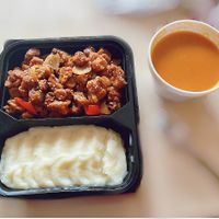 Orange glazed “meat” with mashed potatoes and lentil soup  at VegeMania by Chef Anthony Gomes in Belgrade