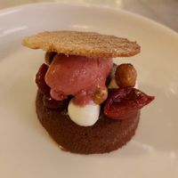 Waffle with sorbet and hazelnut sauce at Six By Nico in Belfast