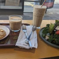 Vegan croissant, cookie, cappuccino & coffee shake at Café Eva in Tel Aviv