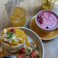 Pancakes, beetroot latte & passion fruit iced tea. All very good  at Sunny Side Up - Nordend in Frankfurt