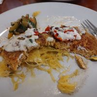 Halfway finished to show the spaghetti squash - it was perfect - vegan falafel and feta at Picasso Cafe on Paseo in Oklahoma City