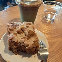 Coffee Cake and Iced Latte at Barber Commissary Barista in Indianapolis