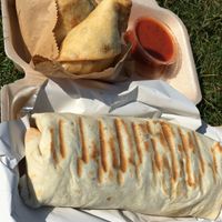 Falafel wrap and two samosas. All pretty huge!  at Veggie Master Chef in Leicester