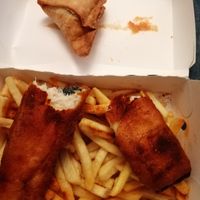 Fish and chips and samosa at Veggie Master Chef in Leicester