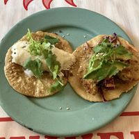 Taco suadero con queso y taco de pescado (todo vegano)  at Groovy's Taqueria Vegana in Mexico City