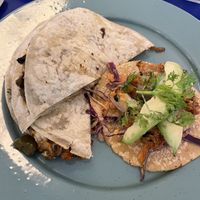 Pescado taco and Totallity  at Groovy's Taqueria Vegana in Mexico City