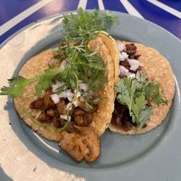 Suadero and Lomitos de Valladolid tacos  at Groovy's Taqueria Vegana in Mexico City