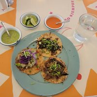 Bottom right is Milanesa, 9:00 is Pescado and the top one is Suadero at Groovy's Taqueria Vegana in Mexico City