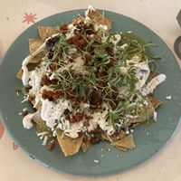 Chilaquiles with chorizo   at Groovy's Taqueria Vegana in Mexico City