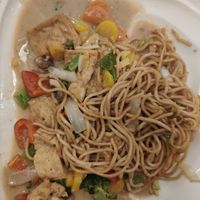 Tofu with coconut cream, peanuts and special order of fried noodles (V2 on the menu) at Asia Restaurant spezial Le phat in Cuxhaven