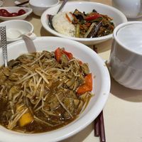 Noodles with mushroom and some kind of mock meat, served with soup and tea, as lunch set at Gaia Veggie Shop - Causeway Bay in Hong Kong Island