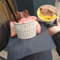 Chocolate and raspberry sorbetto and mango sorbetto & baci (hazelnut flavour)  at Swoon Gelato in Bath