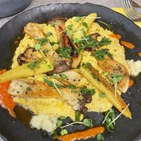 Mushroom-“steak” with creamy corn puree (26,50€)   at Verde in Karlsruhe