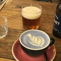 Blue velvet latte and beer   at La Main Noire  in Paris