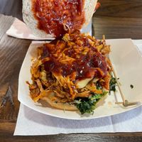 opened jackfruit bbq sandwich with slaw at Pure Vegan Cafe in Raleigh