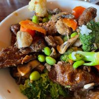 Korean bbq “beef” (TVP)  at Oakside Restaurant & Bar in Big Bear Lake