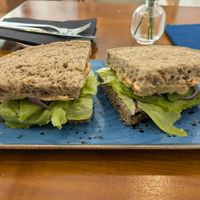 Vegan sandwich (cinammon hummus, lettuce, avocado, onions/tomatoes and Olive oil) at Teapots in Madrid