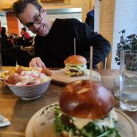 Happily receiving our burgers at Submarine in Rijeka