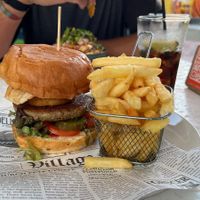 Vegan burger with fries at Bario in Willemstad