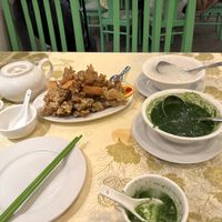 Deep fried golden tofu & oyster mushrooms, plain congee and spinach soup   at Po Kong Vegetarian Restaurant in Vancouver