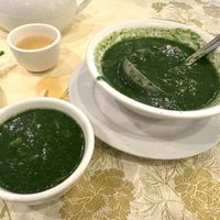 Spinach soup: spinach, enoki mushrooms, bits of soy chucks 🥰  at Po Kong Vegetarian Restaurant in Vancouver