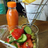 Delicious fries with carrot juice at Maoz - Damrak in Amsterdam