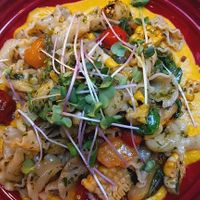 Grilled summer squash, corn, confit cherry tomato + vegan pasta at Cocorico in Ashland