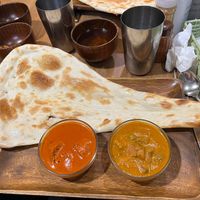 Soy meat tikka masala and mixed veggie curry with naan. Set also came with salad, samosa, curried soy meat, drink, and dessert    at Shama Vegetarian Indian Restaurant in Osaka