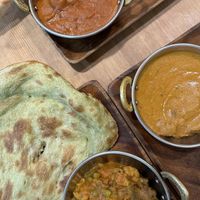 Spinach Naan, vegan curry’s with vegetables, koftas and seitan-meat   at Shama Vegetarian Indian Restaurant in Osaka