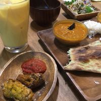 Menu set with mango lassi with soy milk at Shama Vegetarian Indian Restaurant in Osaka