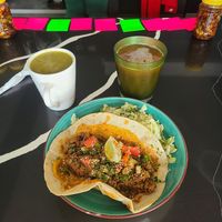 Lentil based, Mediterranean style taco. Split pea/callaloo soup. Tamarind/Rose juice at Marianna's Kitchen in Kingston