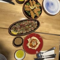 appetizers; lentil köfte, eggplant salad and hummus  at Sisters' Plant Based in Goreme