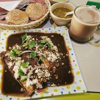 Enmoladas  with Oaxacan hot chocolate at Trigo Verde in Oaxaca