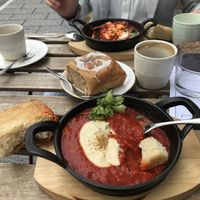 Vegan shakshuka and strawberry bun  at Bächle in Freiburg