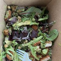 Protein Salad!!! So delicious! All vegan. Comes with a green dressing,Croutons & vegan sliced fried chickn cut into small pieces, quinoa,chickpeas,avocado,pumpkin seeds,spring mix  at Stache West Hollywood in West Hollywood