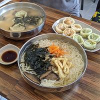 Rice cake and dumpling soup, Vegetarian dumplings, and Korean traditional noodles at Daom Noodle 다옴국수 in Seoul