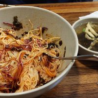 Spicy noodles after we mixed them up. at Daom Noodle 다옴국수 in Seoul