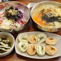 Spicy noodles, Traditional Korean noodles, and the vegetable dumplings at Daom Noodle 다옴국수 in Seoul