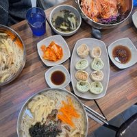 Janchi noodle, Bibim noodle, and vegan dumping. (Kimchi is not vegan)  at Daom Noodle 다옴국수 in Seoul