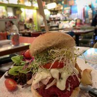 Ginormous burger! The patty was a bit too soft to our liking, but the overall taste made this a winner. at Veggie4Love in Hong Kong Island