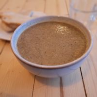 Soup of the day: mushroom soup at Taylor's Cafe in Brussels