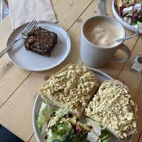 Vegan snickers, toast with tofu “egg”, cafe latte with almond milk  at Taylor's Cafe in Brussels
