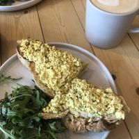 Tofu scrambled and latte  at Taylor's Cafe in Brussels