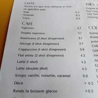 Milks and coffee menu at Taylor's Cafe in Brussels